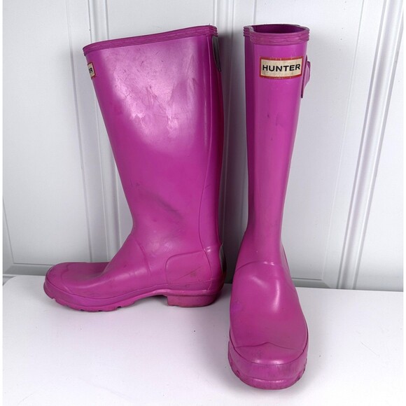 Hunter Wellington Rain Boots Kids Boys 4/Girls 5 Pink Buckle Tall - Picture 1 of 5